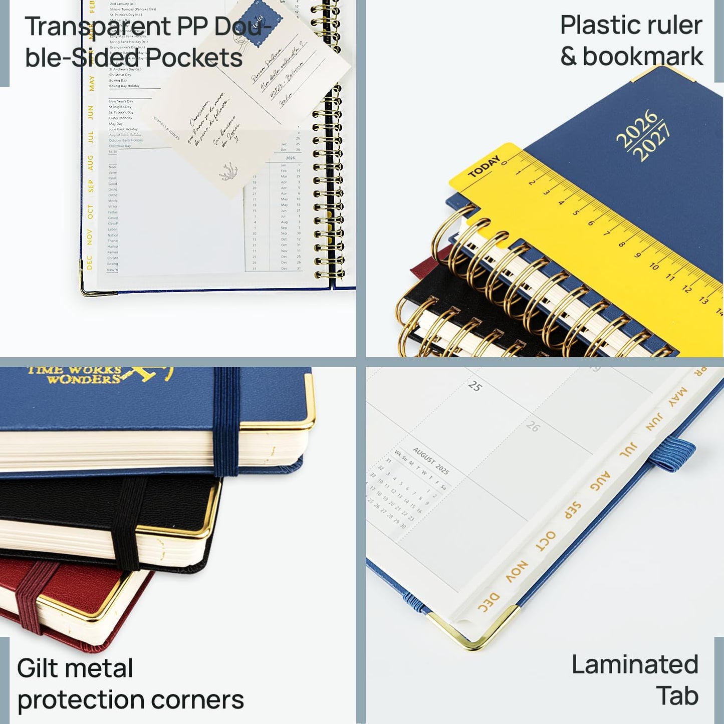 POPRUN Monthly Planner 2026-2027 Spiral Hardcover (8'' x 10''), 18 Months Calendar (Jan.2026-Jun.2027) - 2 Pages per Month with Dotted Note Pages, Sunday Start, Laminated Tab - Light Yellow