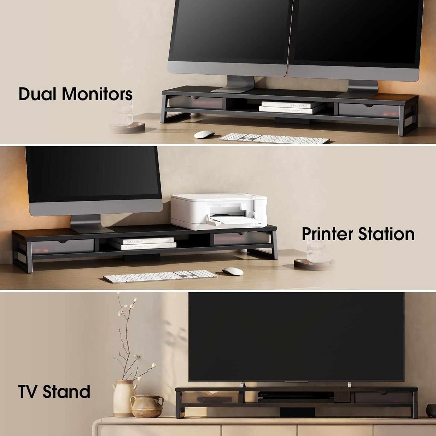 Fenge Dual Monitor Stand, Monitor Riser with Drawer, 42.5 Inch Large Computer Monitor Stand for 2 Monitors, 2 Tier Wooden Desk Shelf for Top of Desk