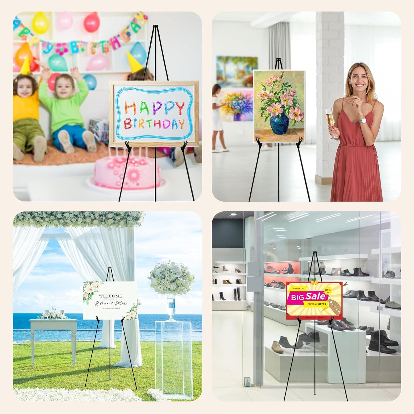 4PCS Black Easel Stand for Wedding Sign Stand, 66 Inch Adjustable Metal Easels for Display, Portable Folding Easel for Wedding, Display Show, Arts, Poster with Portable Bags