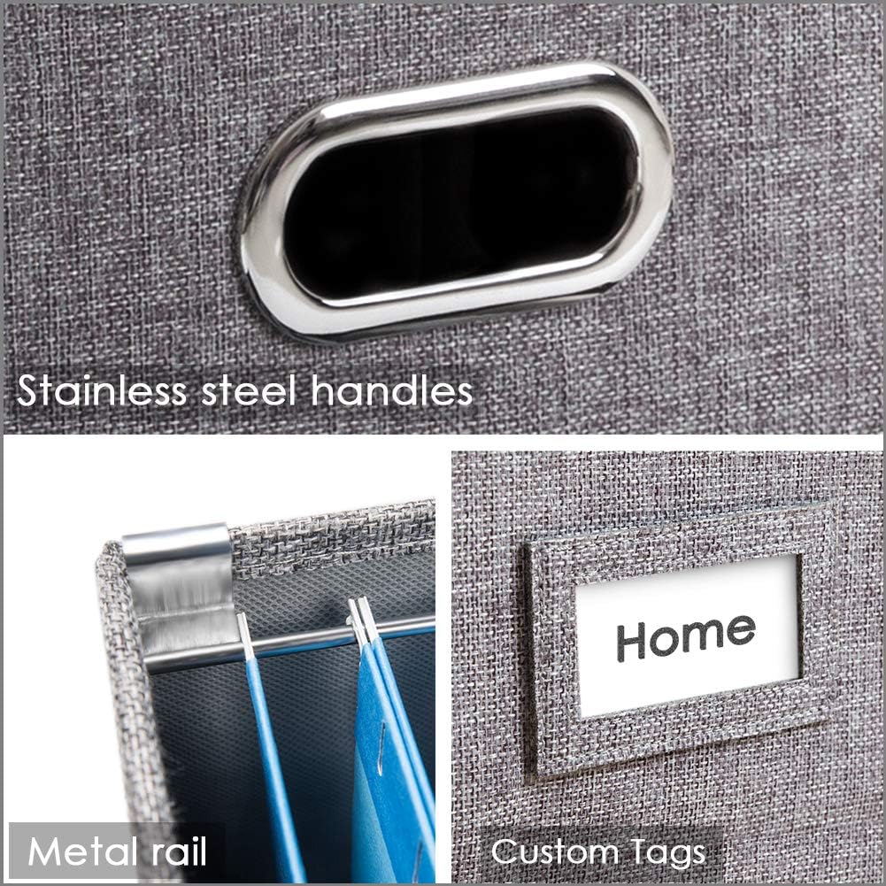 PRANDOM File Organizer Box - Set of 4 Collapsible Decorative Linen Filing Storage Hanging File Folders with Lids Office Cabinet Letter Size Grey (14x9.3x10.8 inch)
