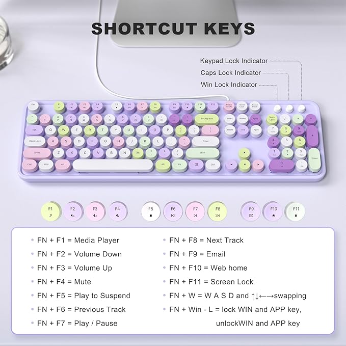 MOFII Colorful Computer Keyboard Wired, Cute Full Size Keyboard Typewriter Style, USB Keyboard with Foldable Stands for Windows, Laptop, Desktop, PC (Purple Colorful)