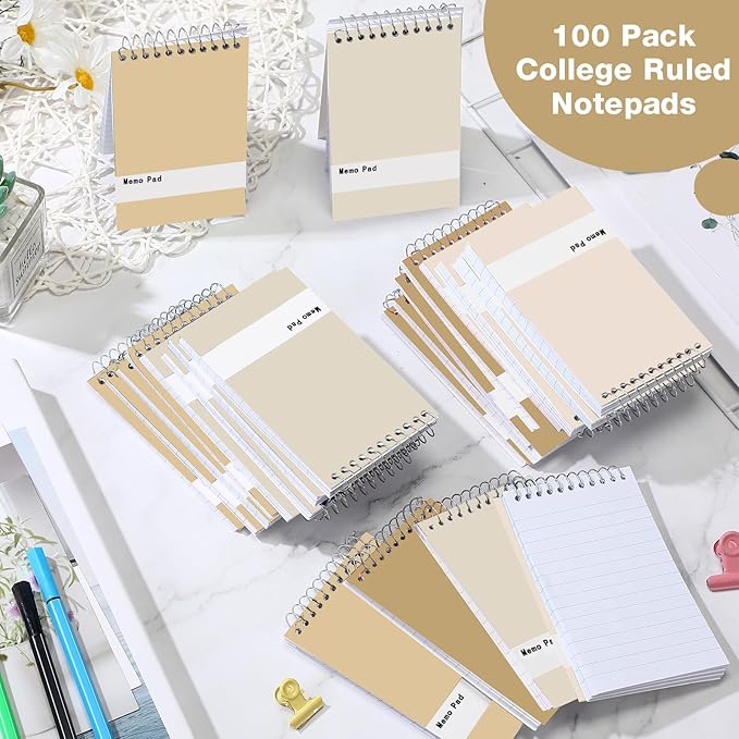 Thenshop 100 Pads Spiral Memo Bulk 3'' x 5'' Top Bound Memo Book 60 Sheets Small Mini Notebooks Lined Wire Bound Pocket Steno Book for Home, Office, School (Colorful)