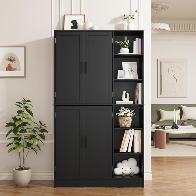 63" Tall Black Kitchen Pantry, Freestanding Storage Cabinet with 4 Doors, Adjustable Shelves for Dining Room, Laundry Room