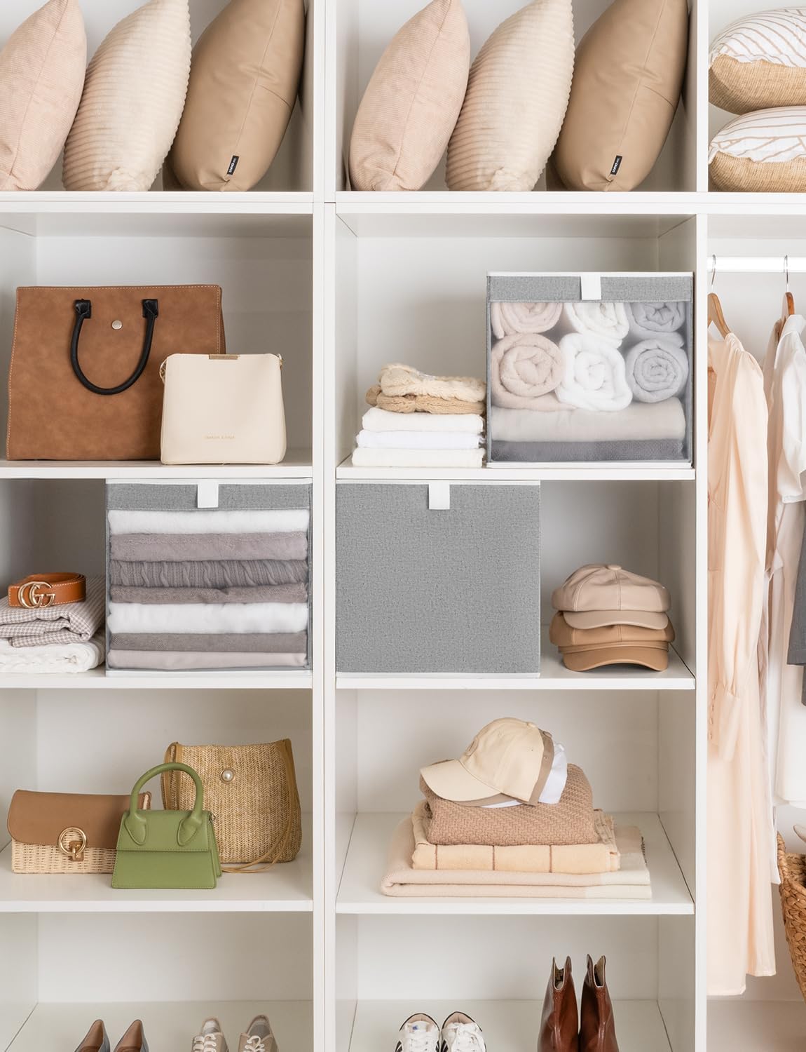 StorageWorks 13x13 Storage Cubes, Closet Storage Bins with Clear Window, Large Fabric Organizer for Clothes, Collapsible Storage Baskets with Handles, Gray, 3-Pack