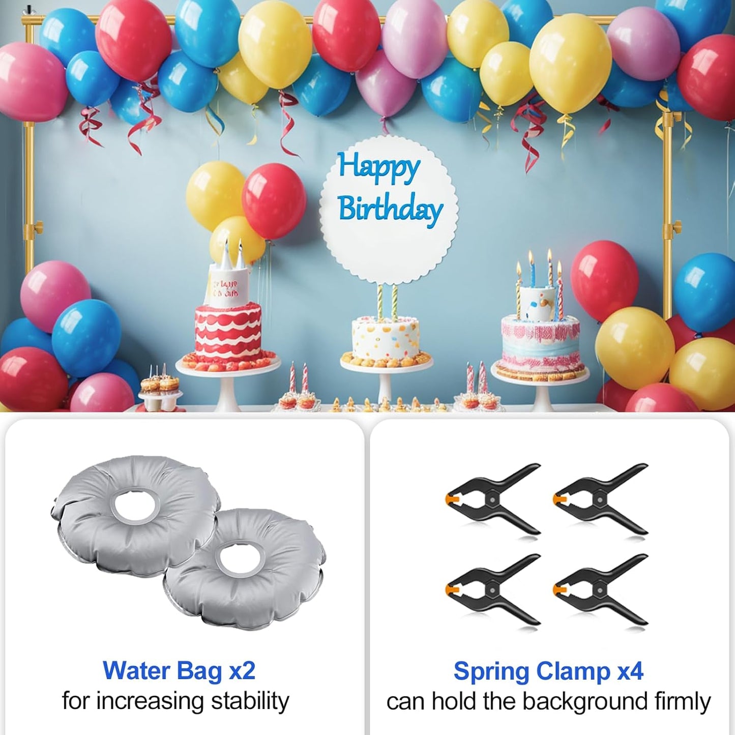 EMART Backdrop Stand, 8.5x10ft Width Adjustable Photography Background Support Poles with Heavy Duty Flat Base, Photo Metal Steel Pipe and Drape Frame Kit for Parties Birthday Wedding - Gold