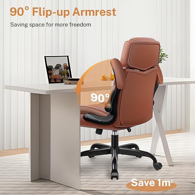 Office Chair Flip Up Arms, Executive Leather Office Chair Ergonomic Desk Chair with Lumbar Support, Adjustable Headrest, Computer Chair Home Office Desk Chair with Rocking Function