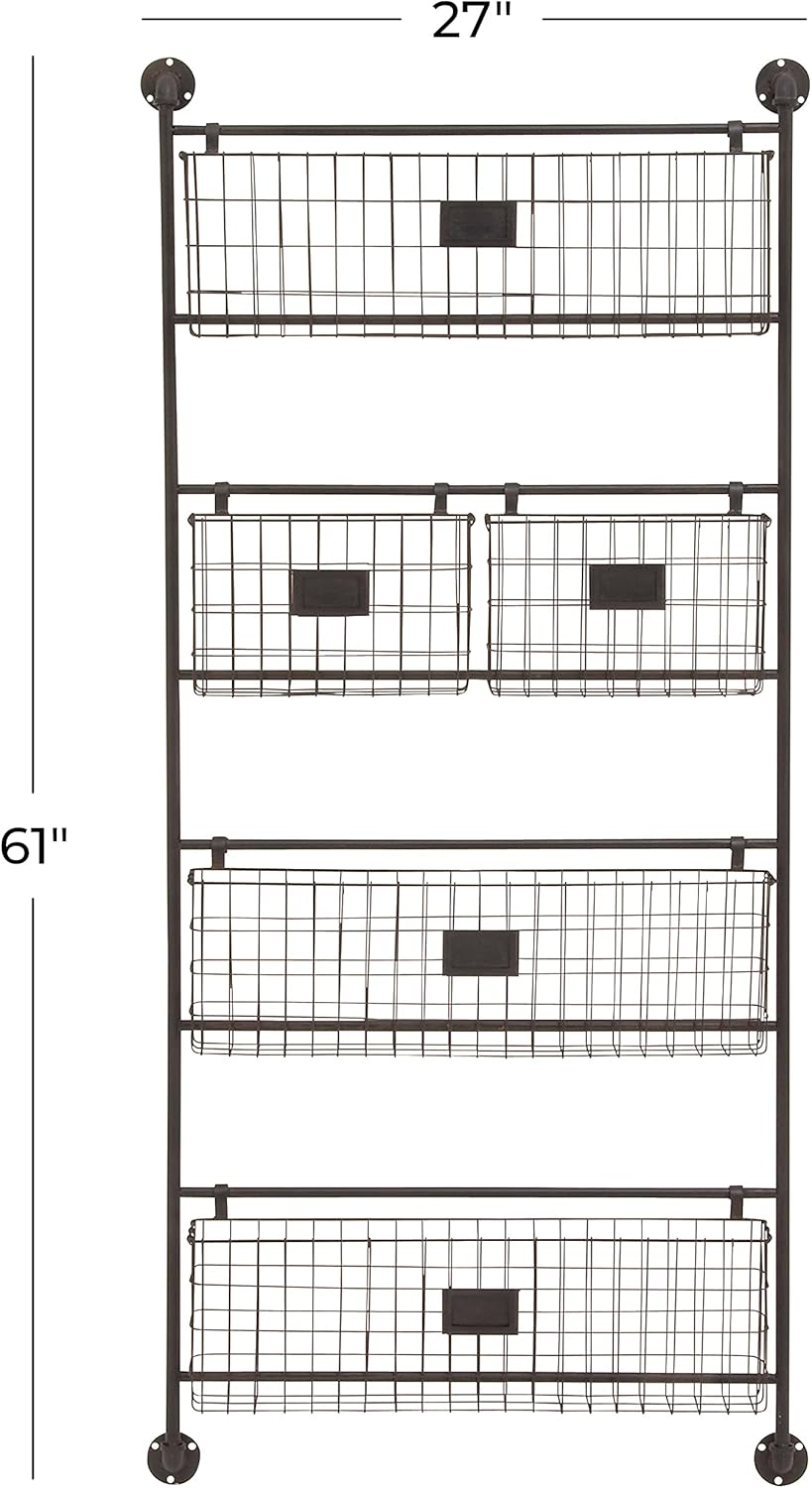 Deco 79 Metal Tall Wire 5 Slot Magazine Rack Holder with Suspended Baskets and Label Slots, 27" x 5" x 61", Black