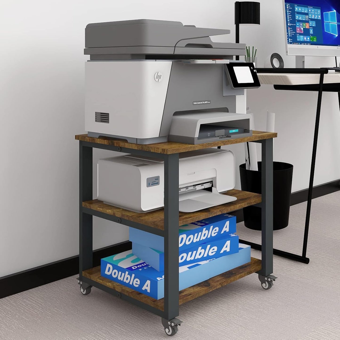 Natwind 3-Tier Laser Printer Cart,19.7''x19.7''x22.6'' Large Machine Stand,Heavy Duty Rolling Table with Storage,Floor-Standing Rack on Wheels,Paper File Organizer Shelf for Home Office (Retro)