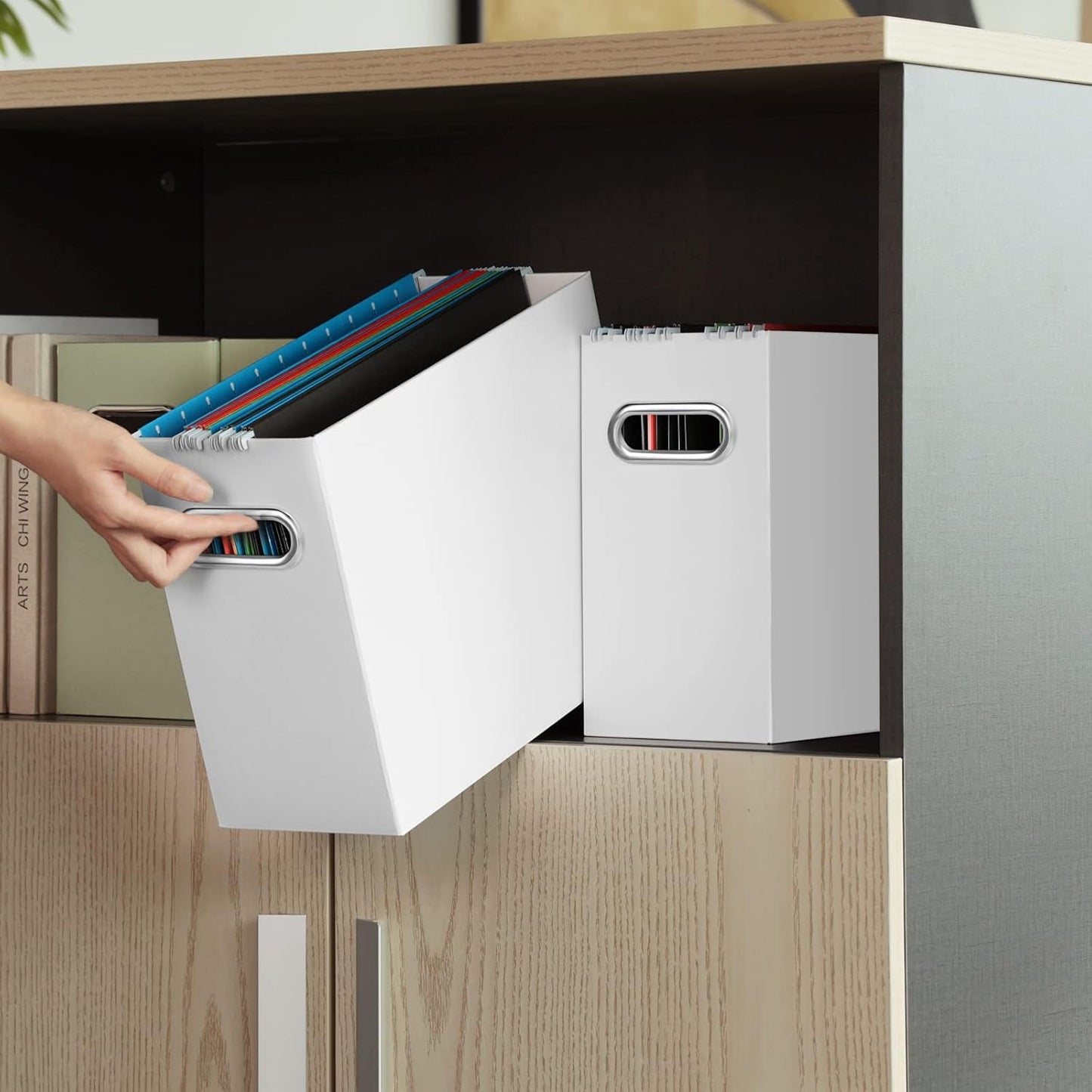 Oterri File Organizer, 2 Packs Small Storage Box, Cardboard File Folder Organizer, Collapsible File Box for Hanging File Folders Letter Size, Portable Filing Organizer with Handle(White)