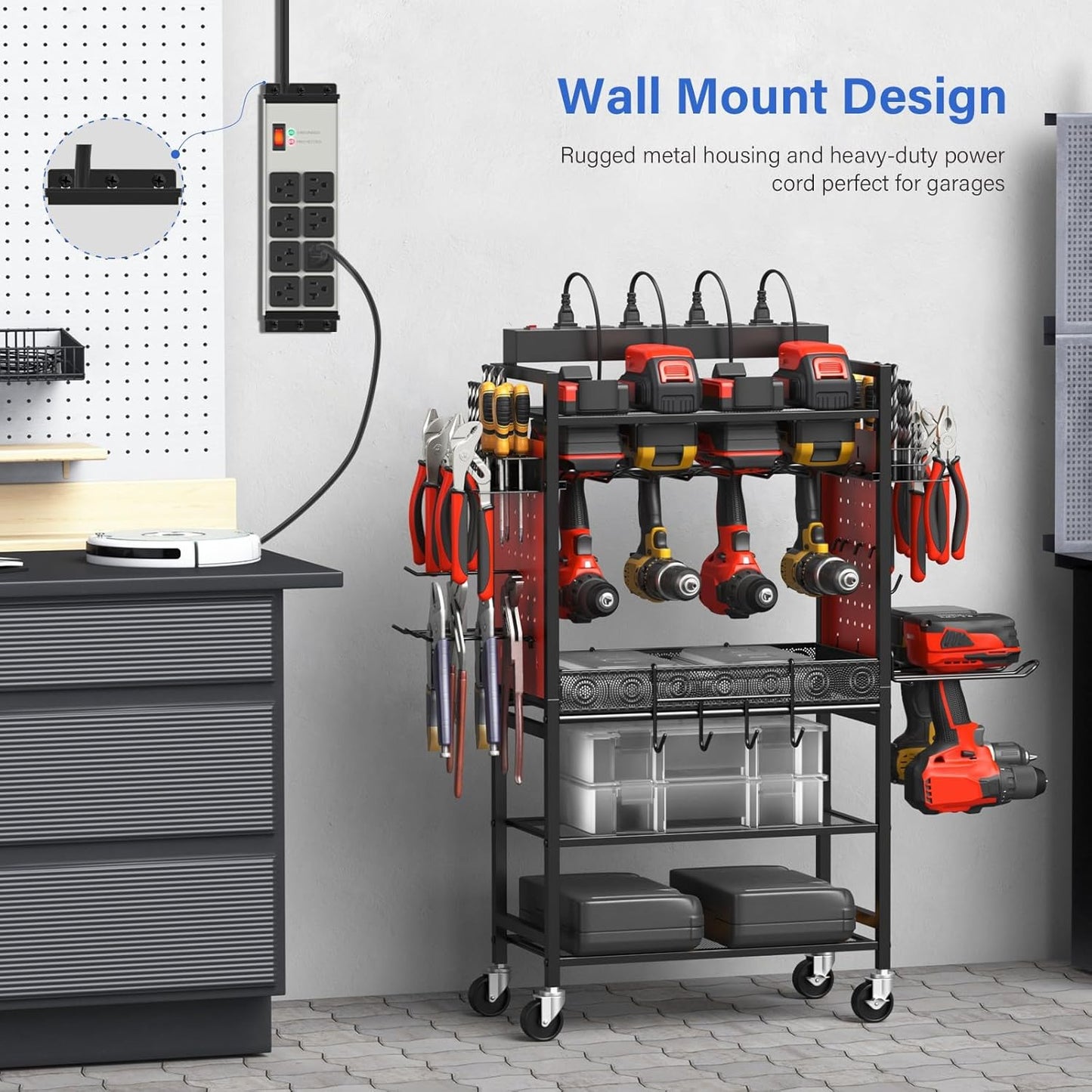 CCCEI Magnetic Heavy Duty Power Strip Surge Protector 20Amp, 12 Gauge High Amp Extension Outlets, Garage Wall Mount 8 Plug Metal Power Strip. 10FT, Grey, 5-15P Adapter 6-20R T-Slot 20a for Appliance