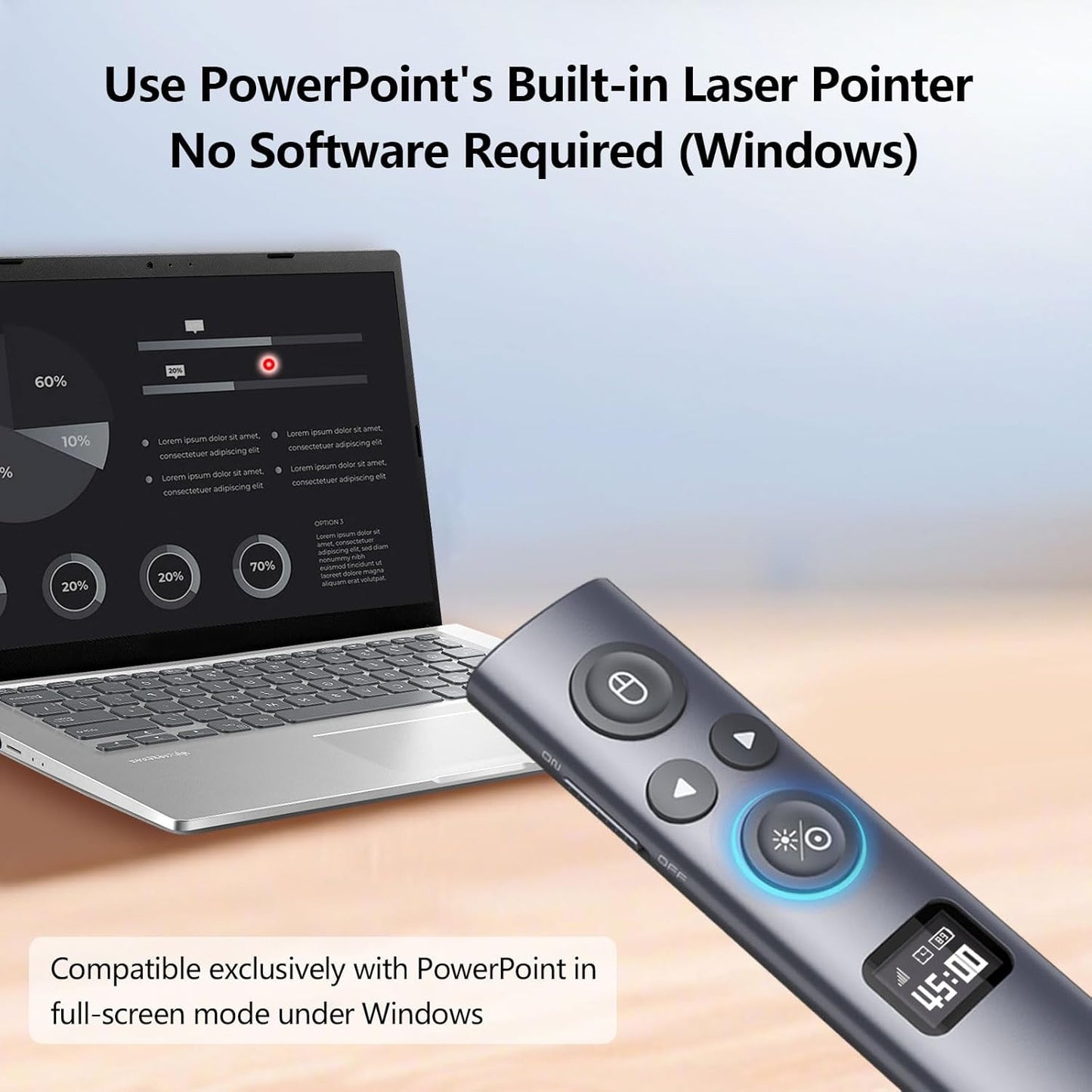 Norwii N95s BLE Presentation Clicker with Digital Pointer for PowerPoint Presentation on TV Screen and Projection Screen, Wireless Presenter Remote with Countdown Timer (Green Light-USB-AC)