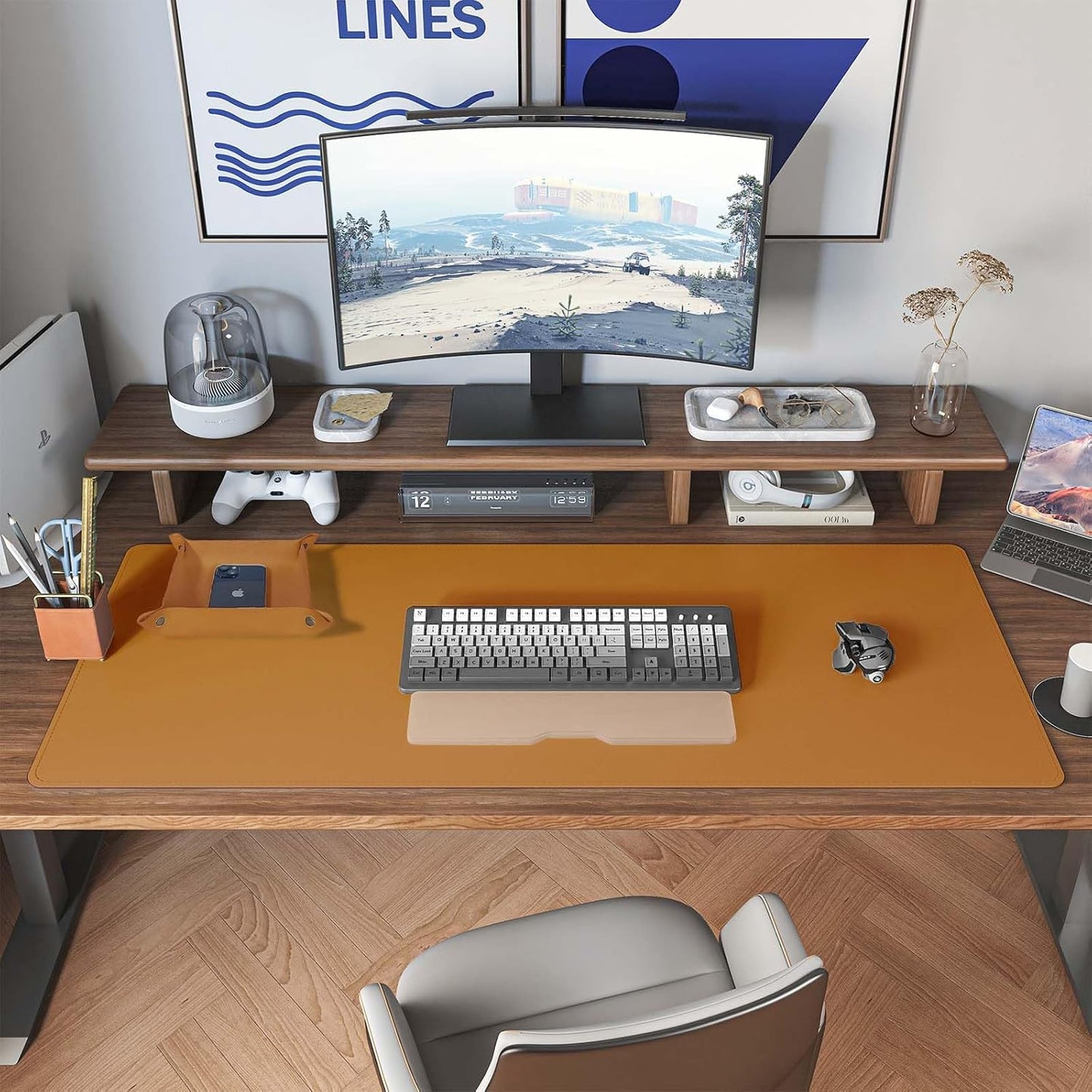 DAWNTREES Dual Sided Desk Mat,Leather Desk Pad,Brown 40"x16",Cork Desk Mat Protector,with PU Leather Valet Tray Organizer,Large Mouse Pad,Desk Writing Pad for Office and Home