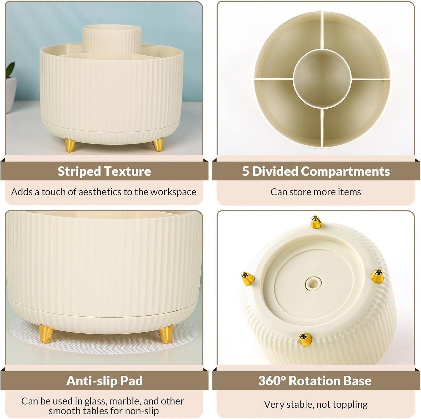 SKYDUE 360 Rotating Plastic Desk Pen Organizer with 5 Slots, Dual-Purpose Art Supply Pencil Cup for Office, School, Home