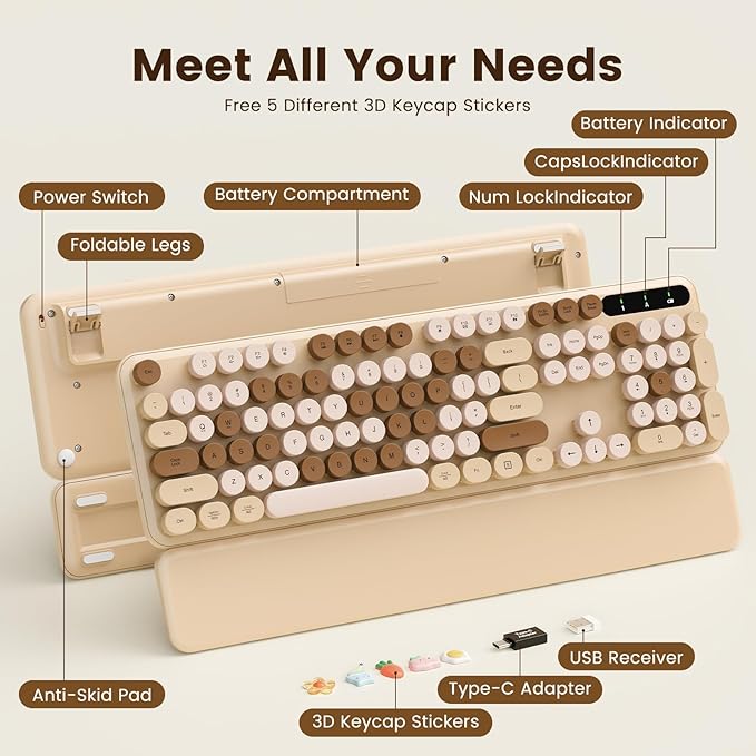SABLUTE Wireless Keyboard, Round Keycaps, Retro Typewriter Keyboard with Detachable Wrist Rest, Sleep Mode, Foldable Legs, 2.4GHz Full-Size Cordless Computer Keyboard for Windows/PC/Laptop (Latte)