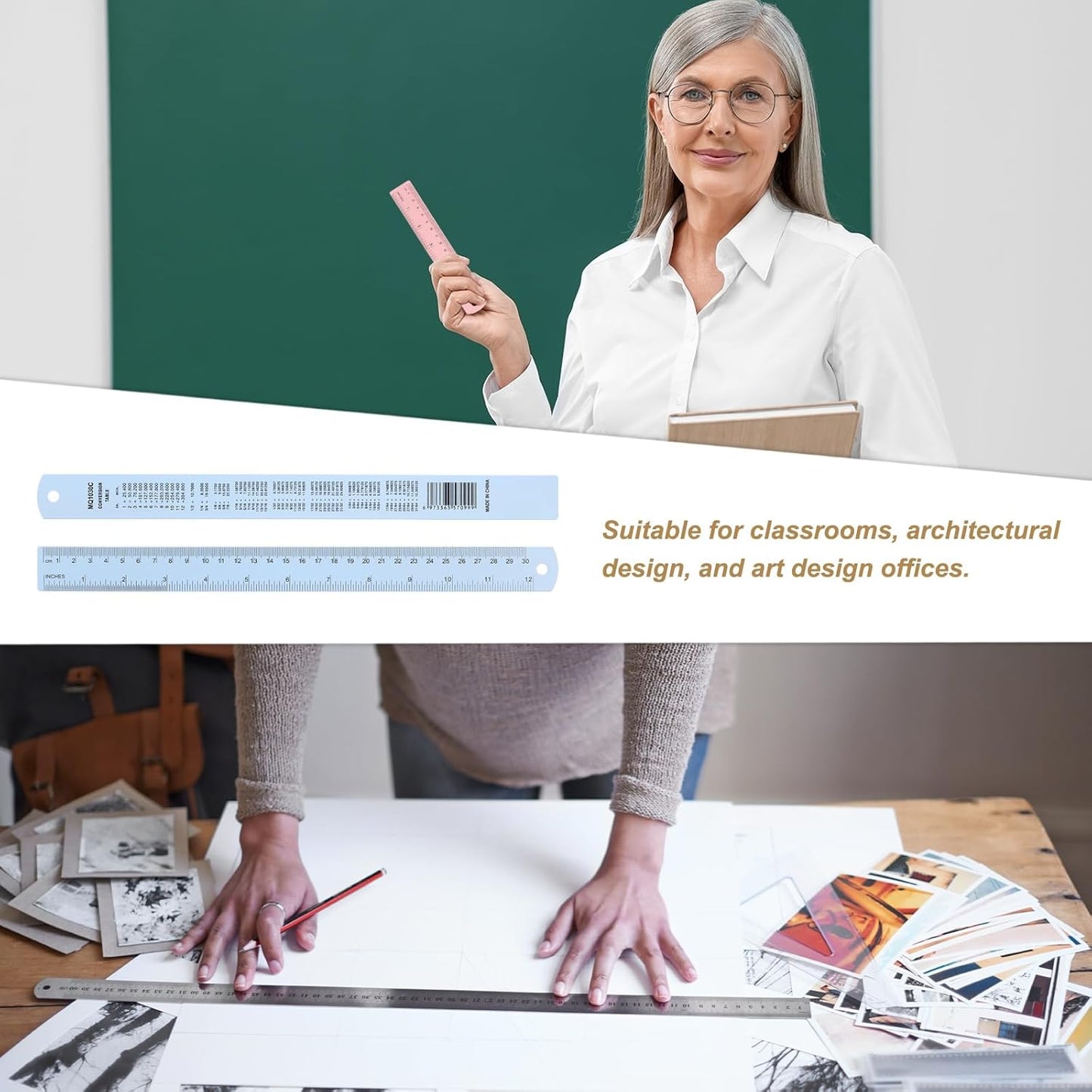 HARFINGTON 4pcs Metal Straight Ruler 30cm Metric SAE Aluminum Alloy Measuring Rulers Scale Tool with Hole for Measure Study Reading Classroom Office, Light Blue