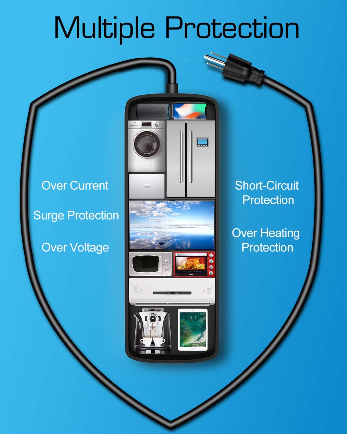 Surge Protector Power Strip - 12 Outlets,4 USB 6A Ports, 6Ft Extension Cord, 1875W/15A, 4360Joules, Overload Protection - Ideal for Home & Office Use (Black-USB6A)