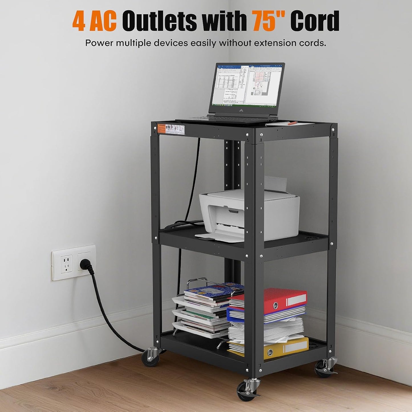 3 Shelf Metal Utility Cart - Durable Computer Cart on Wheels with Power Strip,Height Adjustable AV Presentation Cart Stand for Movie Projector,TV and Laptop Computers,Easy to Assemble, Black