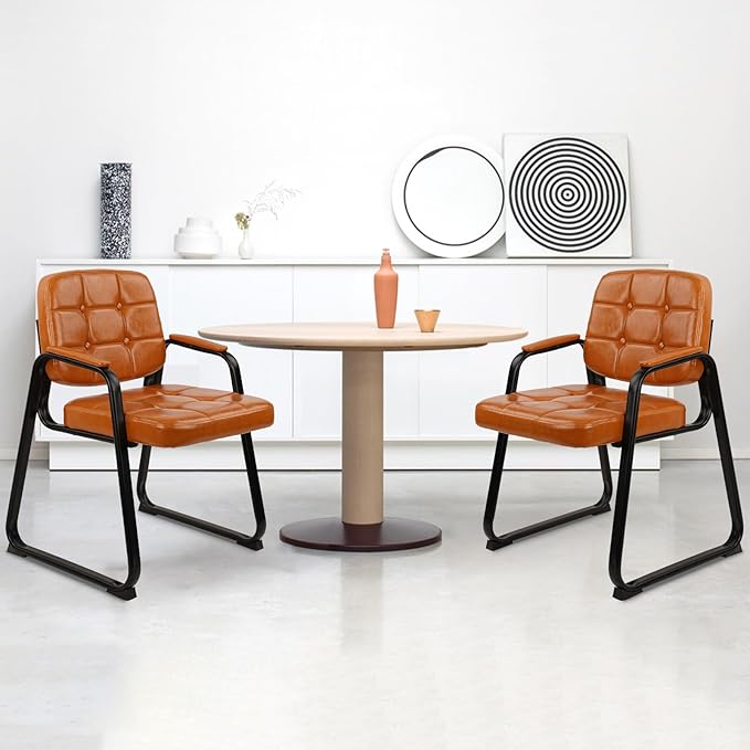 CLATINA Office Guest Chair, Leather Reception Chairs with Padded Arms, Desk Chair No Wheels Stationary for Conference Lobby Waiting Room Training Side Elderly, Set of 2-Orange