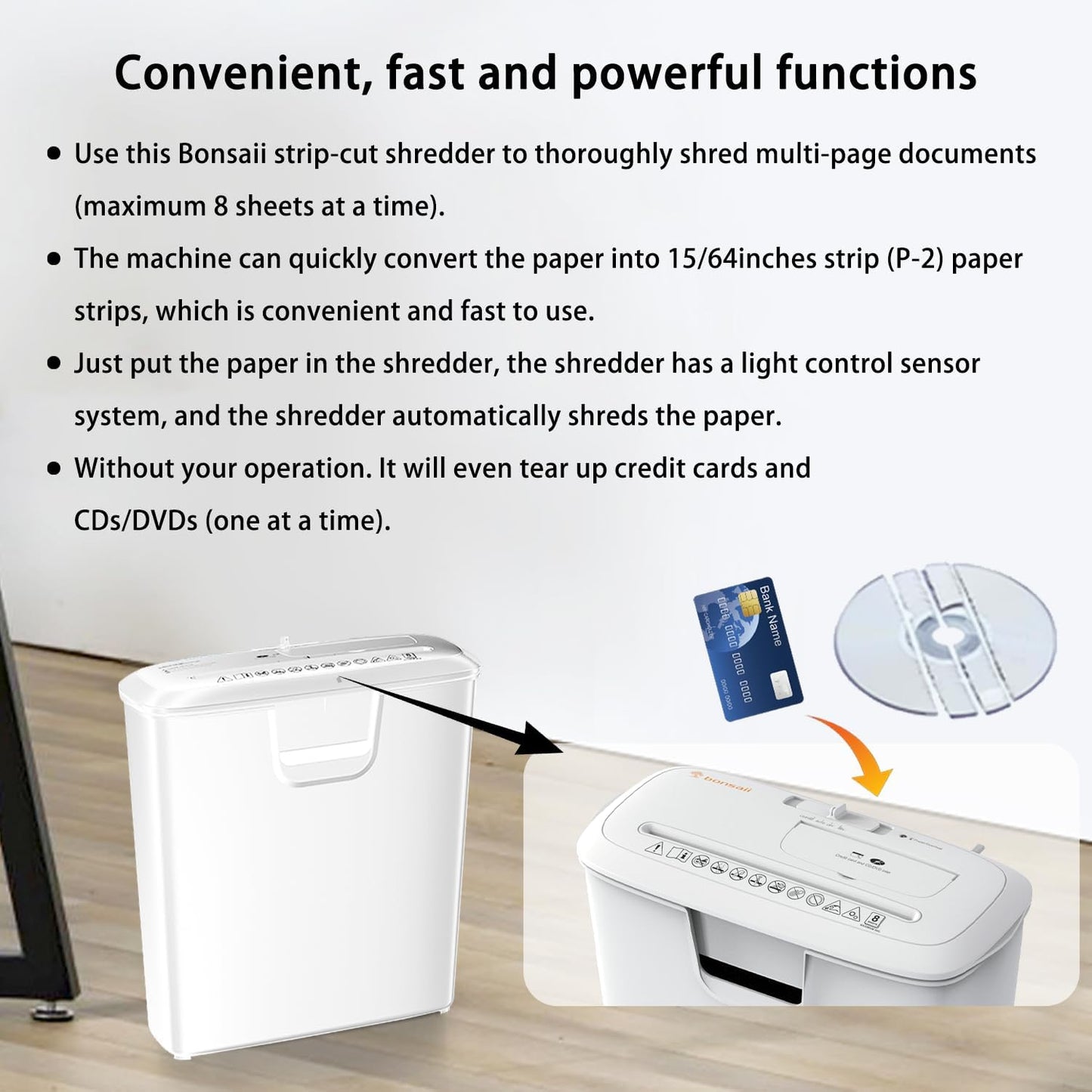 Bonsaii Quiet Strip-Cut Shredder, Up to 8 Sheets, Offering high Security, CDs, Credit Cards, Overheat Protection, Equipped with a 3.4-Gallon bin, Operates Quietly, Ideal for Home Office, White