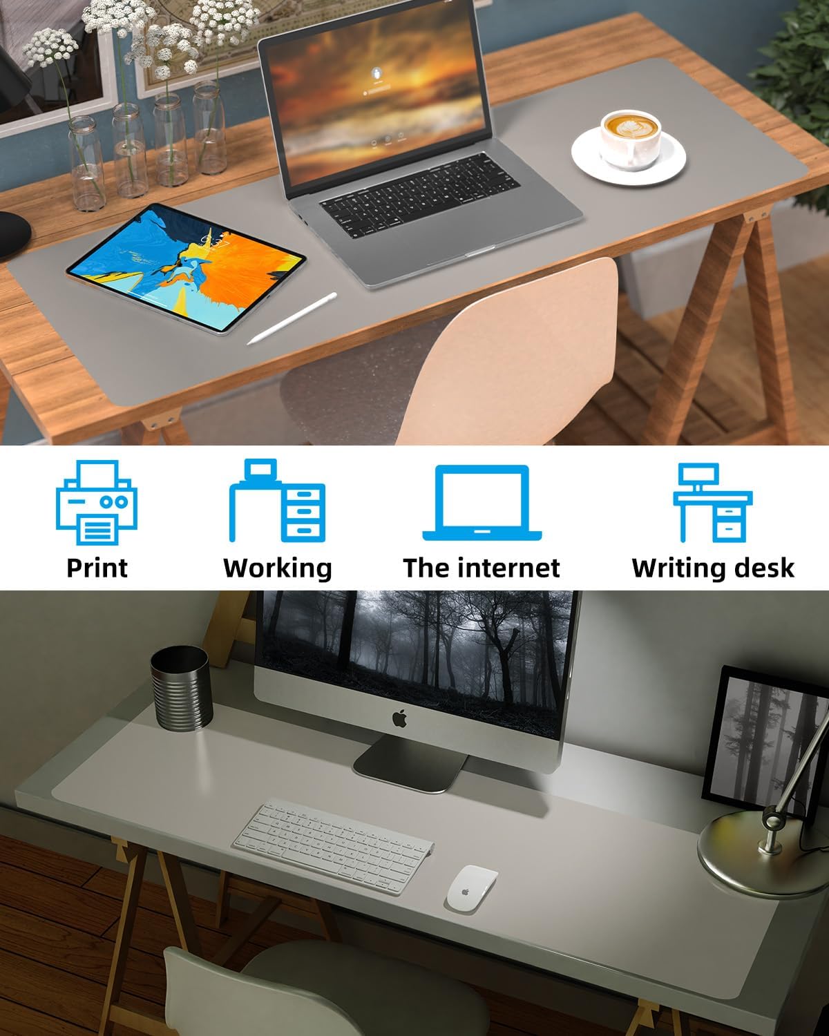 Leather Desk Pad & Protector, Large Mouse Pad & Blotter, Non-Slip PU Leather Desk Cover Mat, Light Grey, 48" x 17"