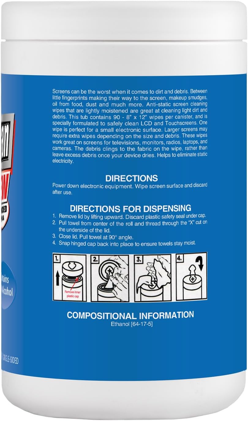Zenex Screen Clean Anti-Static Electronic Screen Wipes - Single Sided Non-Abrasive Towels | For TV, Phones, Monitors | Quick Dry & Streak-Free | Prevents Static Build-up (2 Pack | 180 Sheets Total)