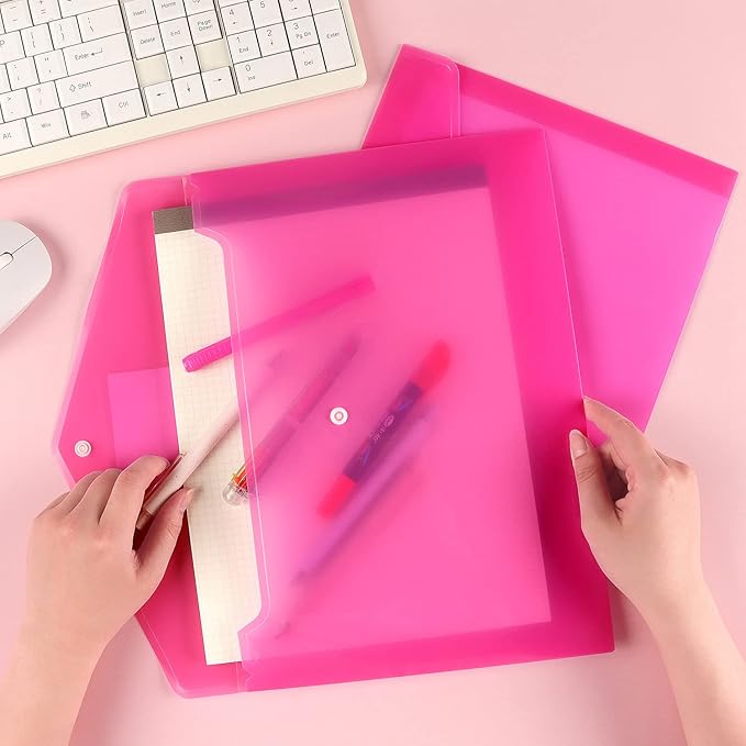 6 Pack Clear Document Folders Plastic Envelopes Poly Envelopes File Envelopes with Label Pocket and Snap Button for Home Work Office Organization, Letter Size/A4 Size (Pink)