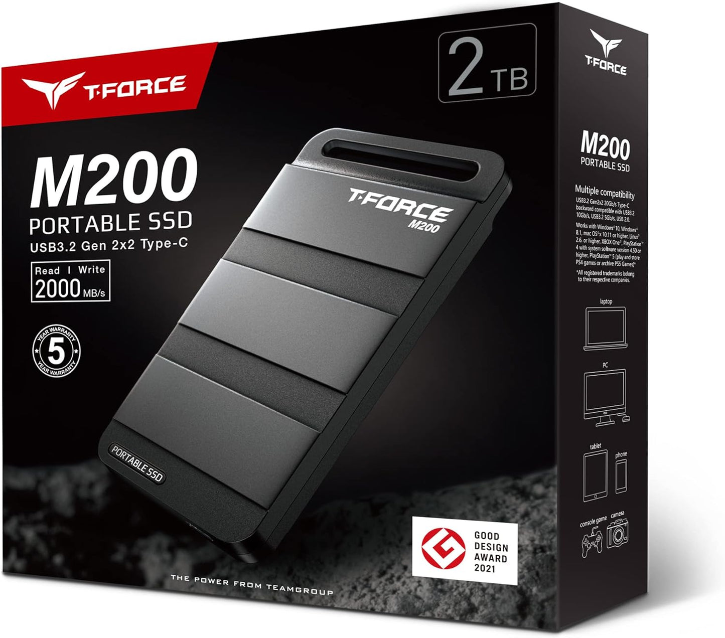TEAMGROUP T-Force M200 Portable External SSD 2TB USB3.2 Gen2x2 Type-C Read/Write 2000MB/s Compatible with PS5 & Xbox & Chrome OS T8FED9002T0C102