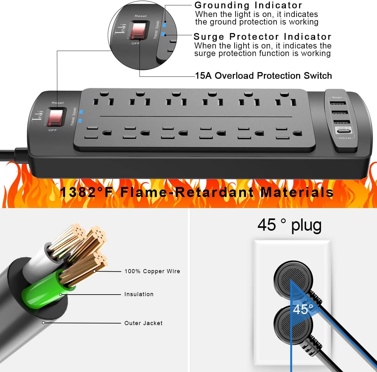 Power Strip, Tcstei Surge Protector with 12 Outlets and 4 USB Ports, 6 Feet Extension Cord (1875W/15A) for for Home, Office, Dorm Essentials, 2700 Joules, ETL Listed, (Black)