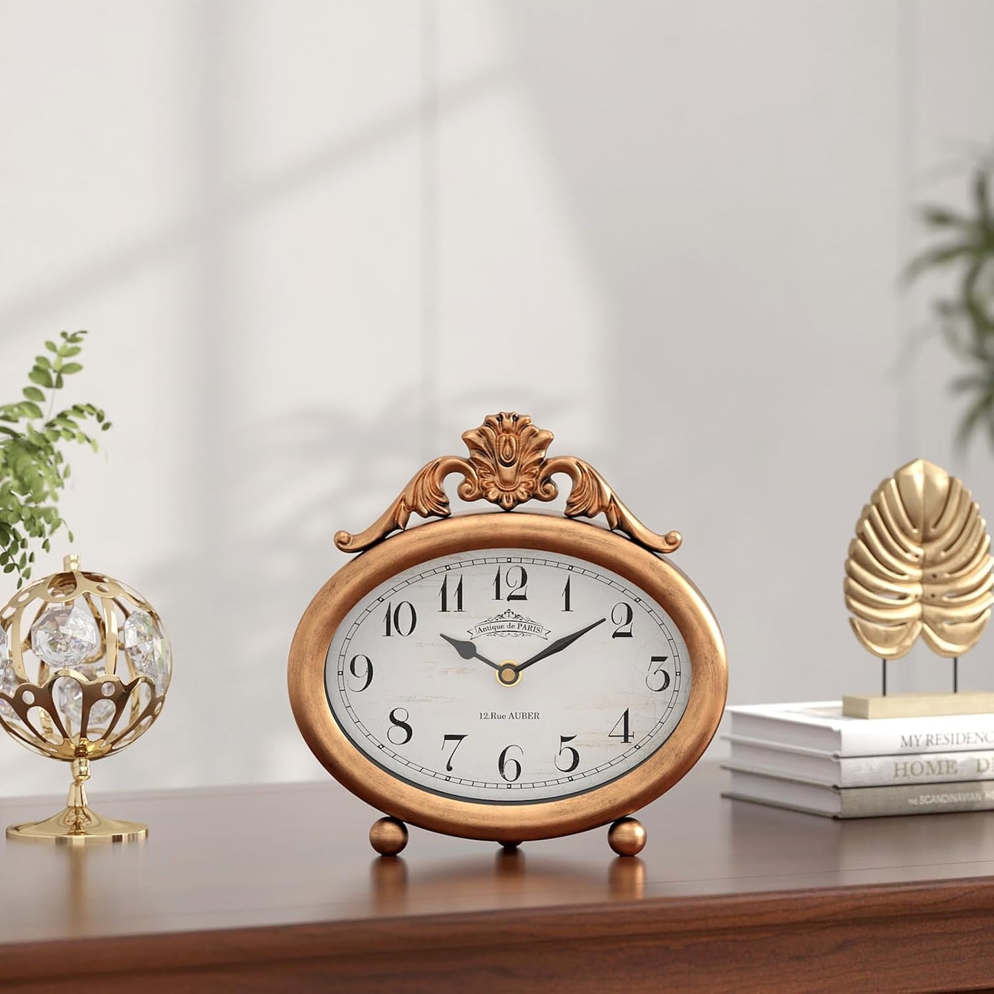 Vintage Table Clock, Desk and Shelf Decor Clock, French Rustic Antique Style Gold Mantel Clocks, for Farmhouse, Living Room, Bedroom, Bedside, Gift (7.87" H x 7.87" W)