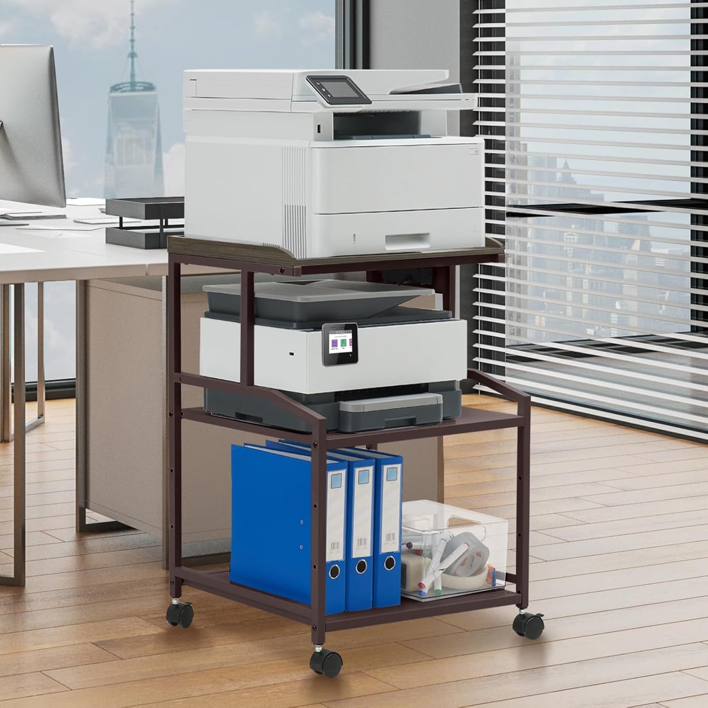 Lauren&Harold 34'' Printer Stand with Power Outlets & USB Ports, 3-Tier Adjustable Rolling Cart, Heavy Duty 150LBS Storage Table with Wheels for Office, Kitchen, Living Room, Bronze