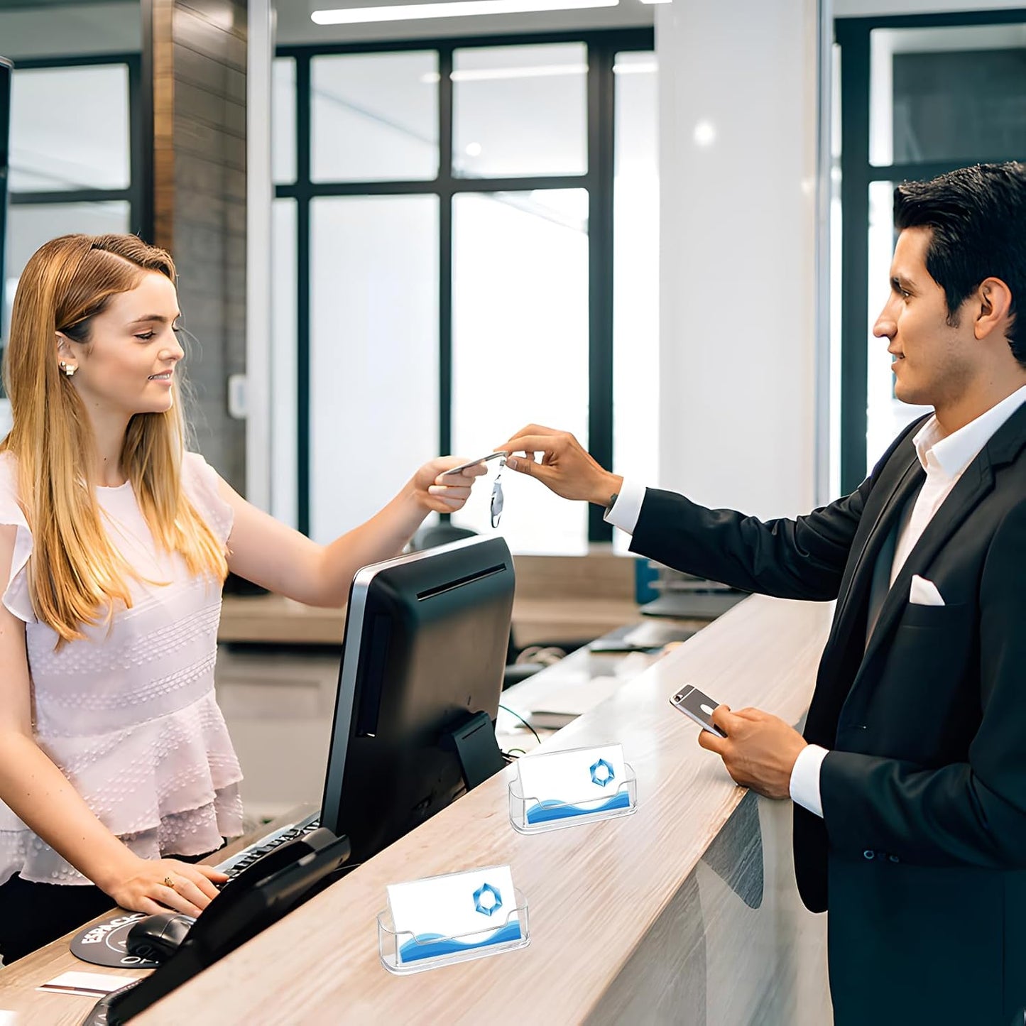 Mototo Acrylic Business Card Holder for Desk, 100 Pack Plastic Business Card Display Clear Business Card Holder Desktop Cards Stand for Home Office Exhibition Desk Table, Fits 30-50 Business Cards