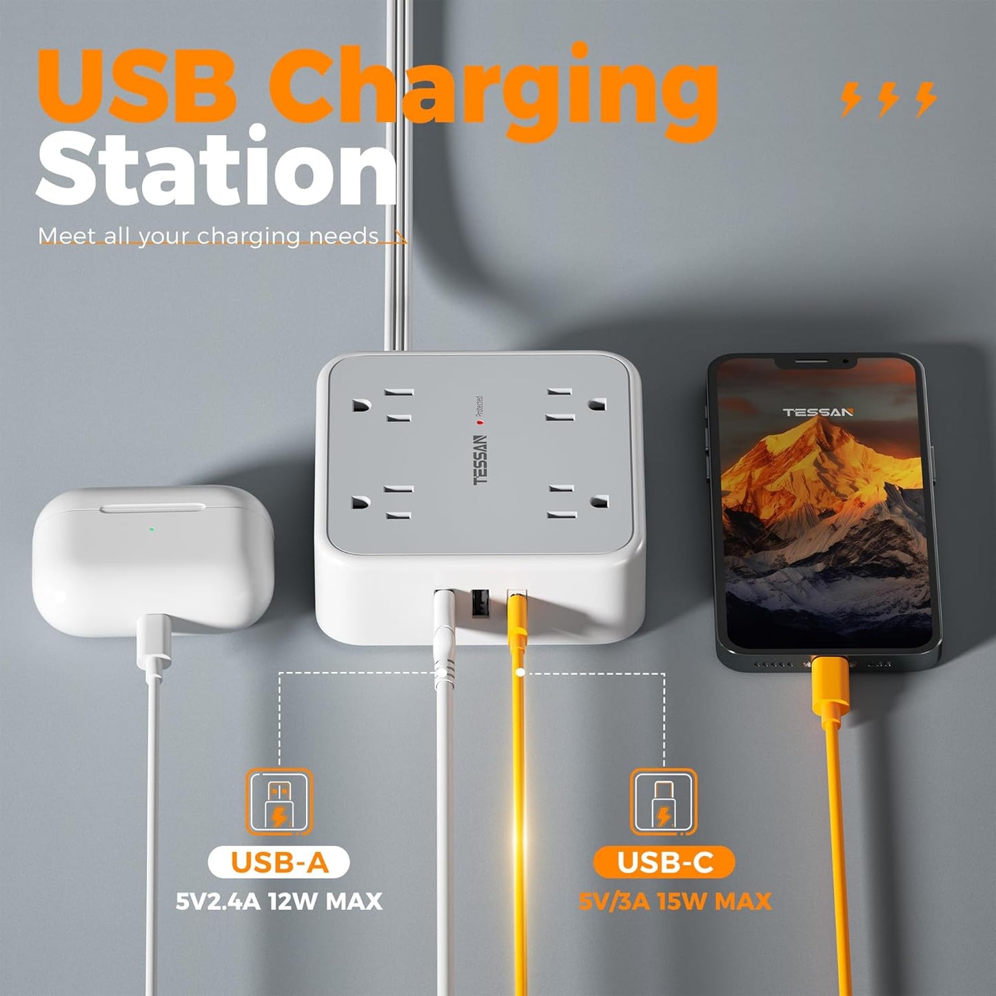 Surge Protector Power Strip Flat Plug, TESSAN Long Extension Cord 10 FT with 8 Outlets, 3 USB Ports(1 USB C), 3-Sided Outlet Extender, 900 Joules Protection, Desk Charging Station for Home, Office