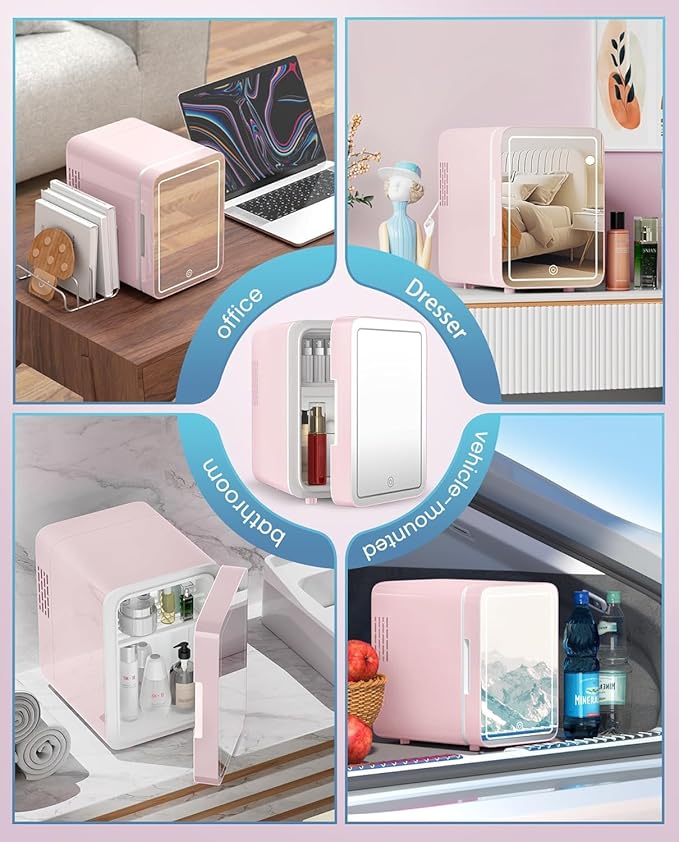 Skincare Fridge With Dimmable LED Light Mirror, 4L Makeup Mini Fridge for Bedroom, Car, Office & Dorm, Cooler & Warmer, Portable Small Refrigerator for Cosmetics, Skin Care and Food, Pink