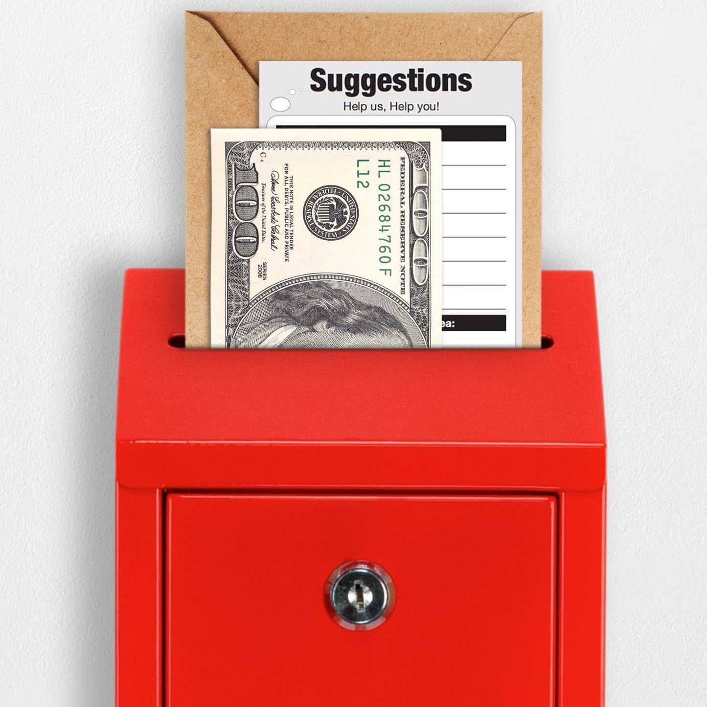 Metal Donation Box with Lock, Wall Mounted, Suggestion Box with 4 Iron Keys, Red, Cash Drop Box with Slot, 1-Pack