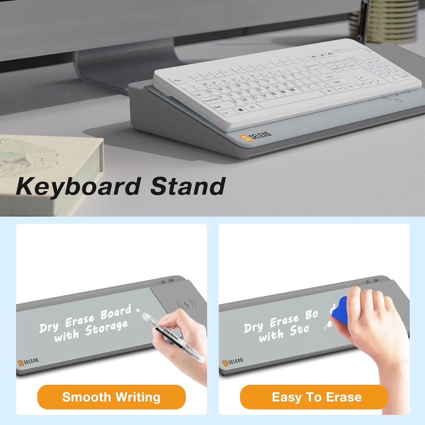 SELEAD Desktop Glass Whiteboard with Wireless Charger Station, Dry Erase White Board Computer Pad Keyboard Stand with Organizer for Home, School, Office Desk Accessories, Gray