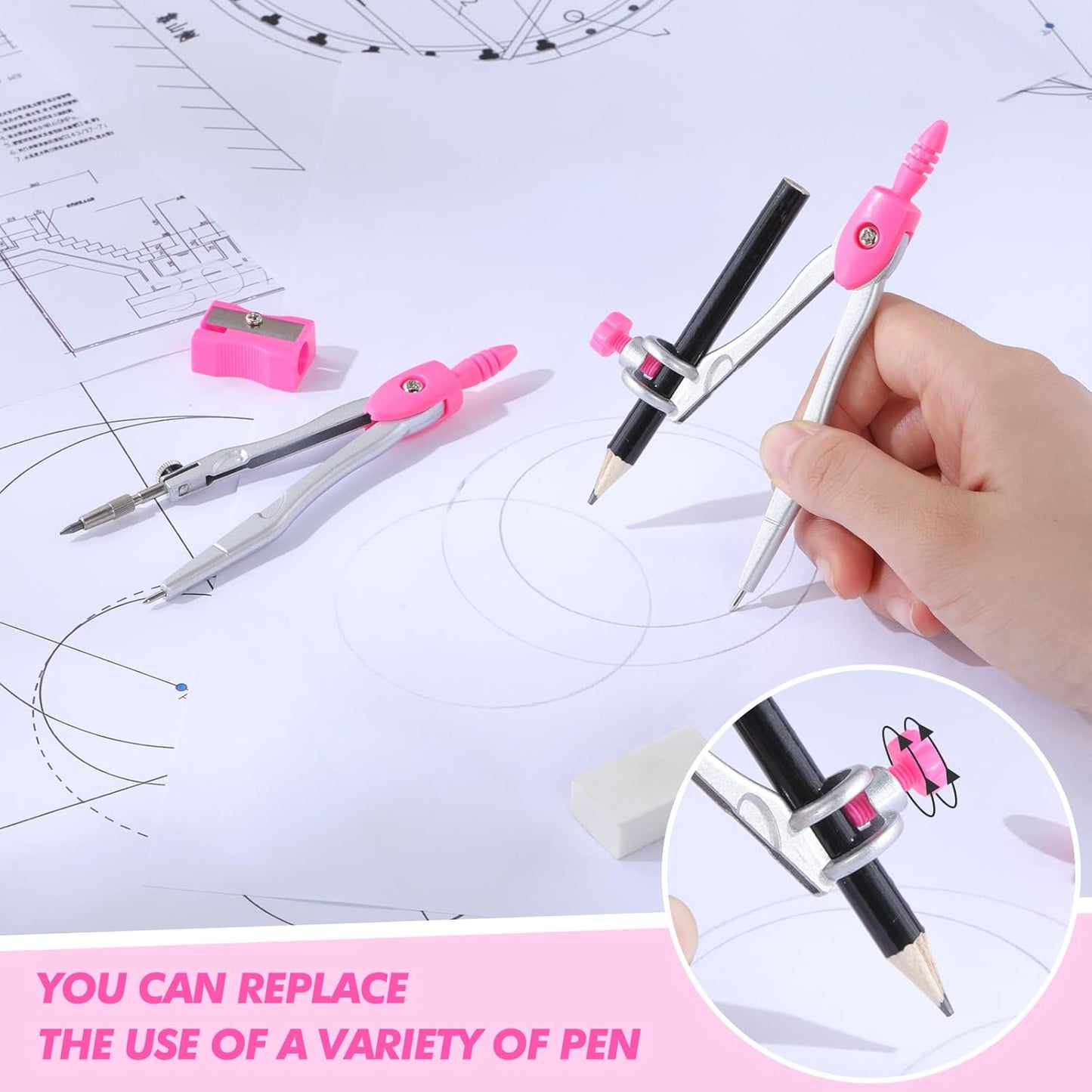 Zonon Math Geometry Set 10 Pcs Student Supplies with Shatterproof Storage Box, Includes Rulers Protractor Compass Pencil Sharpener Lead Refills Eraser Pencil for Drafting and Drawings(Pink)