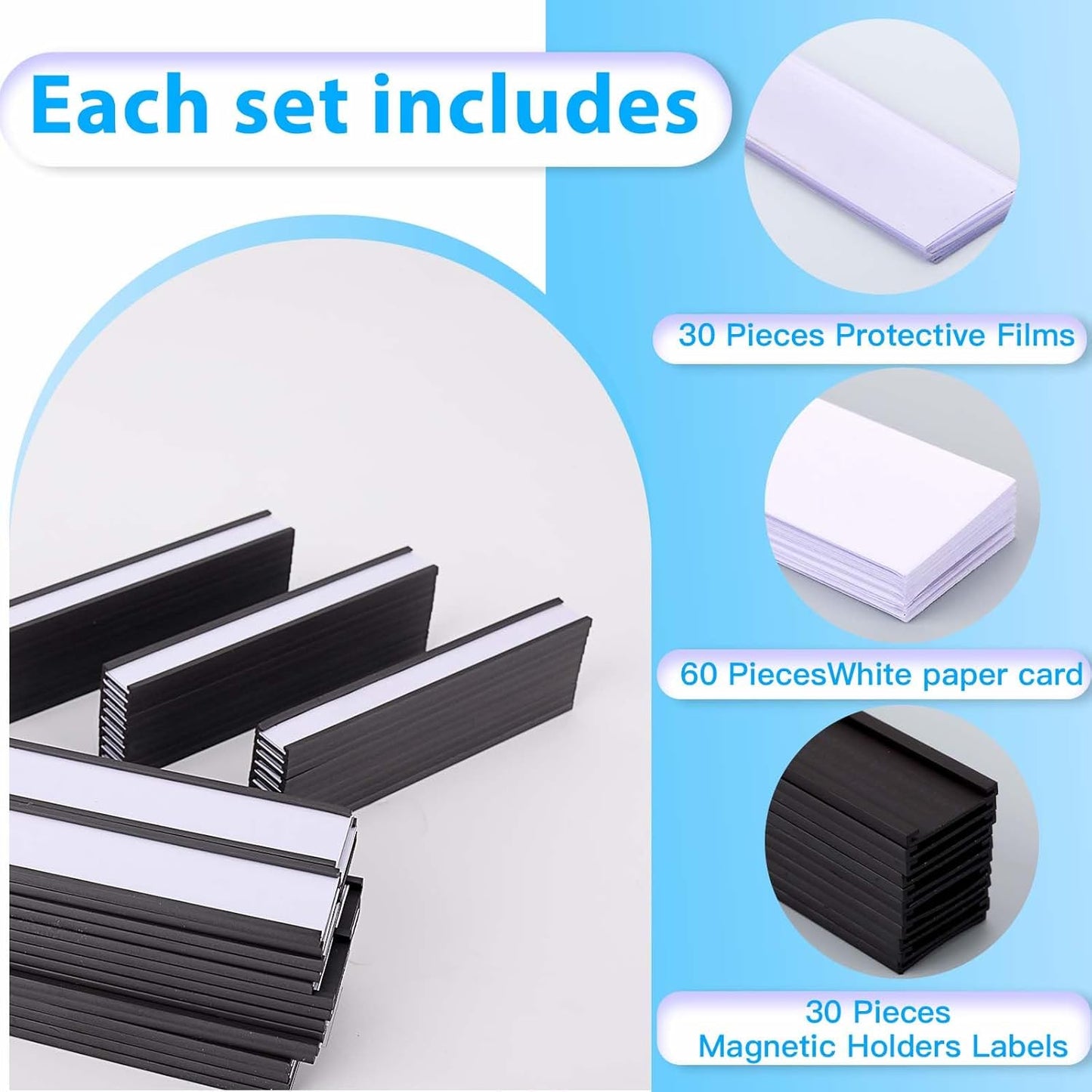 Eeoyu Magnetic Label Holders with Magnets Magnetic Data Card Holders with Clear Plastic Protectors for Metal Shelf, Whiteboard, Set of 30 (1 x 8 Inch)