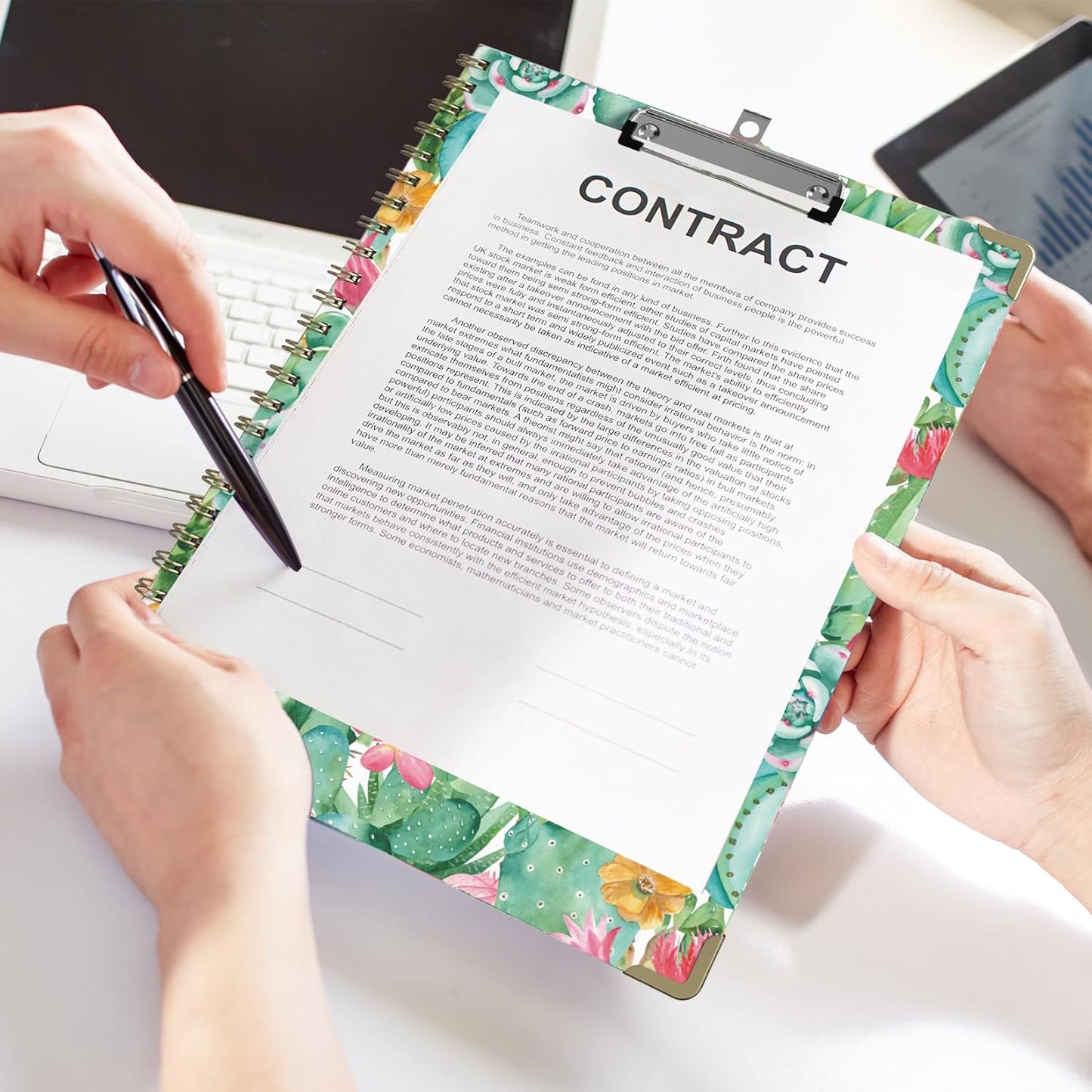 Foldable Clipboard Folio with Storage, 5 Plastic Folders with 10 Pockets,Refillable Lined Notepad (11" x 8.5"), Hardcover Project Organizer Nursing Teacher School Essentials(Cactus Flowers)