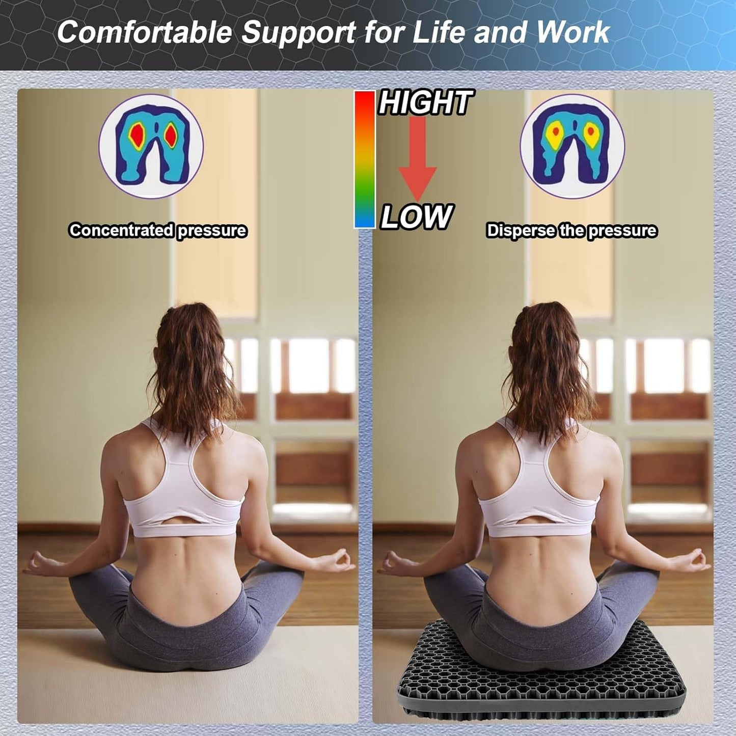 Seat Cushion, Gel Seat Cushion for Long Sitting– Back, Sciatica, Tailbone Pain Relief Pad, 19in Seat Pad for Car, Office Chair, Wheelchair, Soft Support for Long Trips