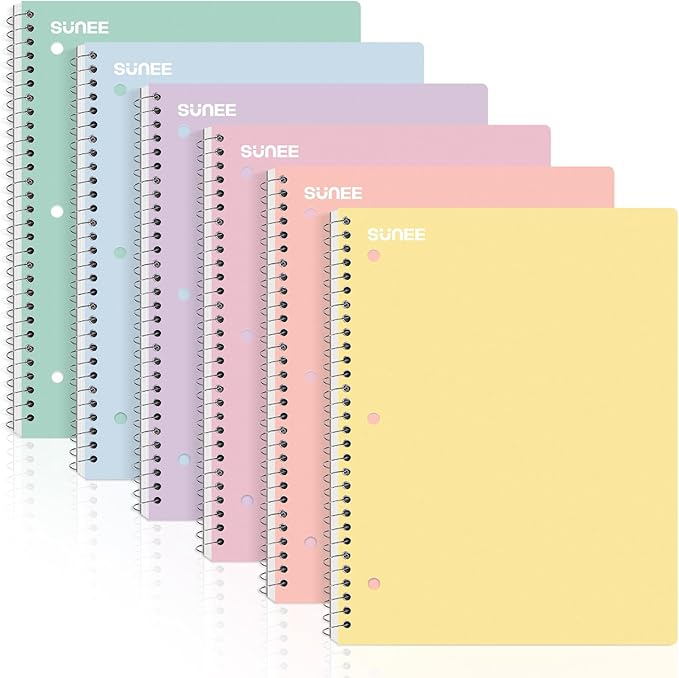 SUNEE Spiral Notebooks, 6 Pack, 1-Subject, College Ruled Paper, 8" x 10-1/2", 70 Sheets per Notebook, Assorted Pastel Colors Spiral Notebooks for School