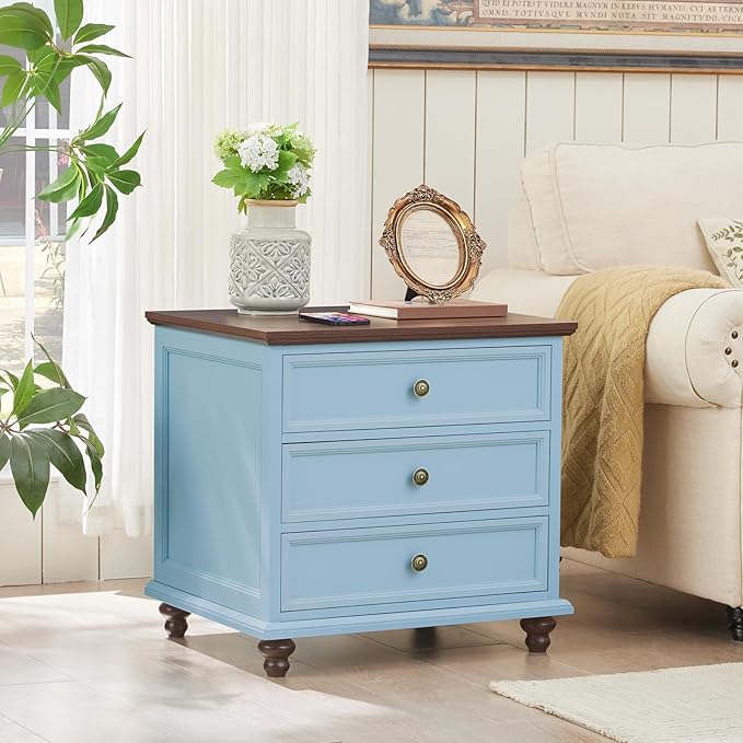 24" Wide Farmhouse Night Stand Set of 2,Large End Table with 3 Drawers & Metal Handle,Light Blue Wood Dresser for Bedroom Cabinet, Bed Side Table Chest of Drawers ,Nightstand for Living Room,Closet