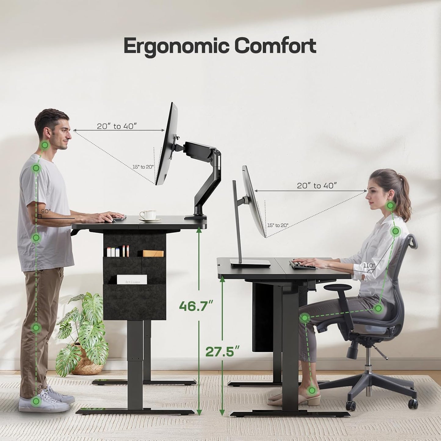 Marsail 48x24 Electric Standing Desk - Adjustable Height Computer Desk with Memory Presets, Storage Bag & Cable Management for Home Office & Gaming Workstations