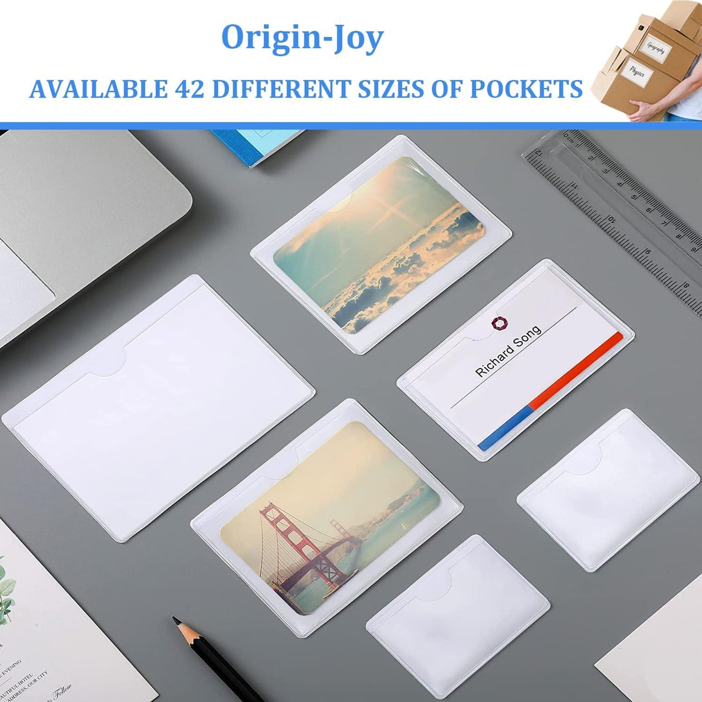 Origin-Joy 35 PCS Self Adhesive Index Card Pockets with Top Open, Clear Plastic Label Holder for Cards of Note, Library and Business, Adhesive Label Pockets & Card Holder (5.5 x 4.75 inch)