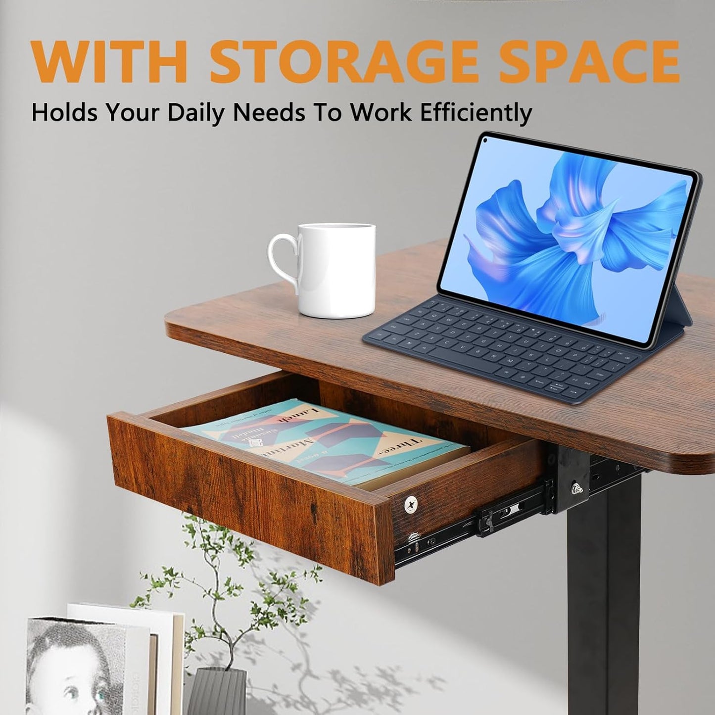 CLATINA Mobile Laptop Standing Desk, Height Adjustable Teacher Podium with Lockable Wheels, Adjustable Work Table with Drawer, Computer Cart Overbed Table for Home Office Classroom, Brown