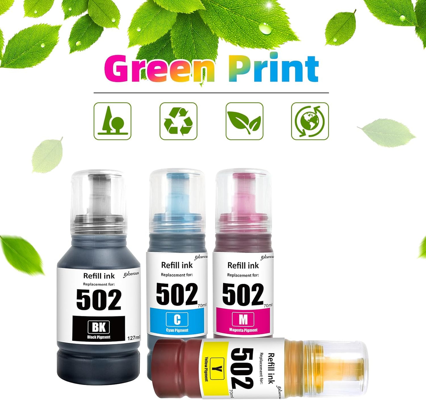 T502 502 Ink Refill Bottles Compatible for Ecotank ET2760 ET-4760 ET2750 ET-3760 ET-2850 ET-15000 ST-4000 ST-2000 ET-3710 ET-3850 ET-3750 ET-4850 ET-3830 ET4750 ET2700 Printers (BK C M Y)