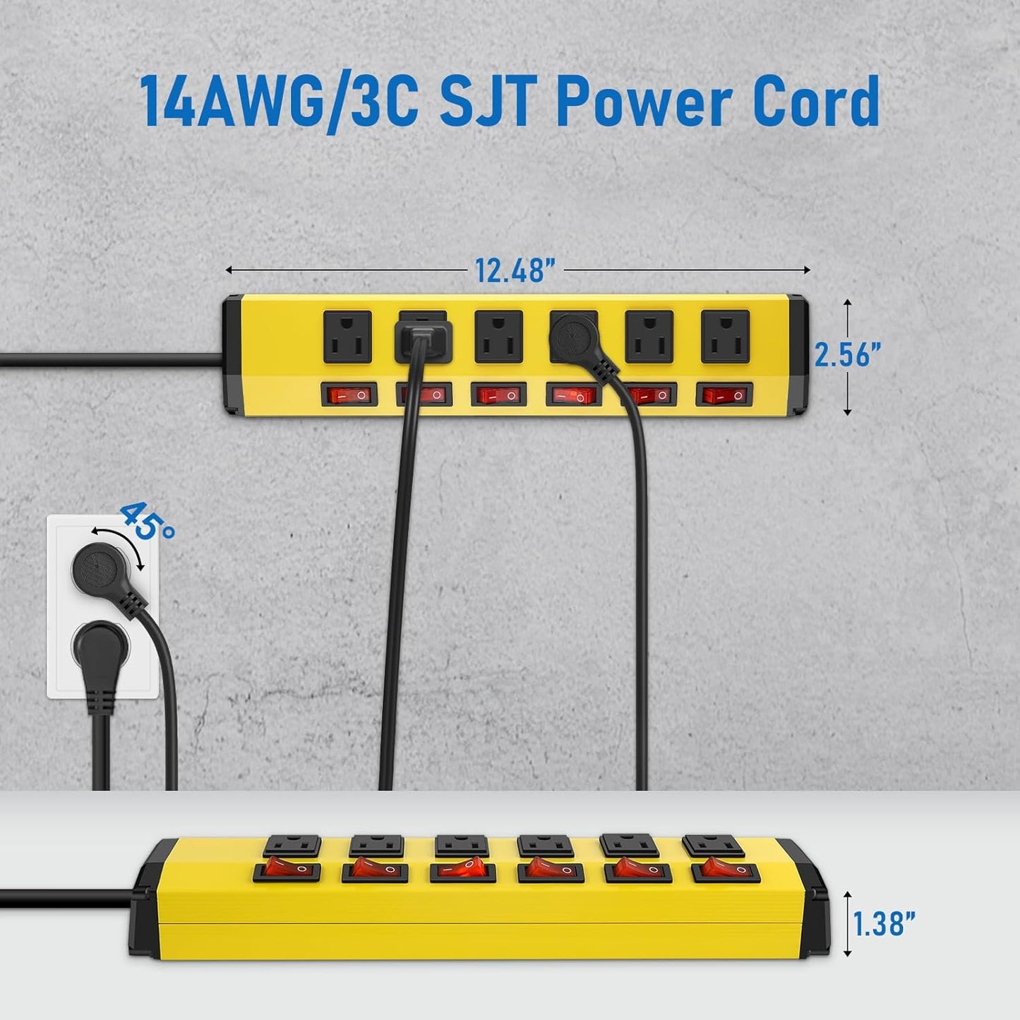 ANNQUAN 2PCS 6 Outlet Metal Power Strip with 6 Individual Switches,Heavy Duty Power Strip 1200J 15A 6FT Cord Home Office Industrial Commercial Shop