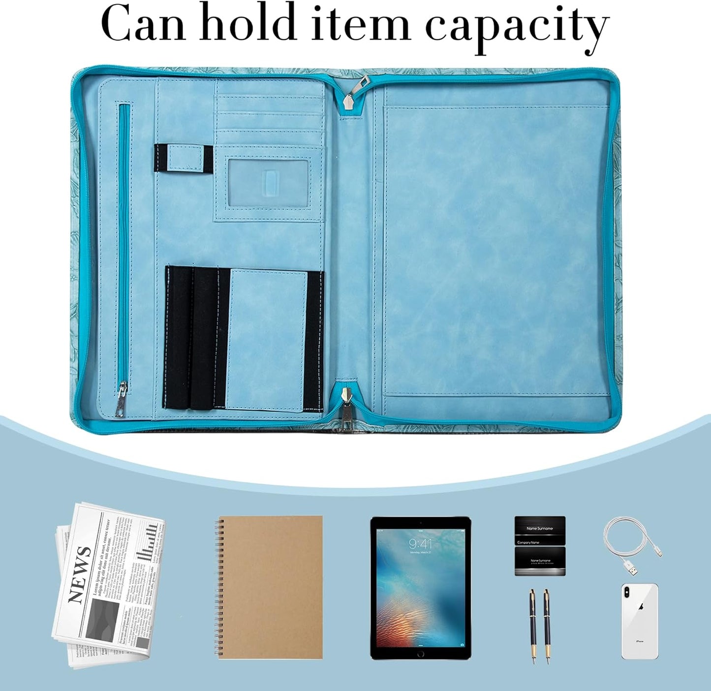 Padfolio with Zipper, Portfolio Binder, Leather Portfolio with Zipper for Men Women, Portfolio Organizer, Padfolio Business Resume A4/Pad, Blue Floral Pattern
