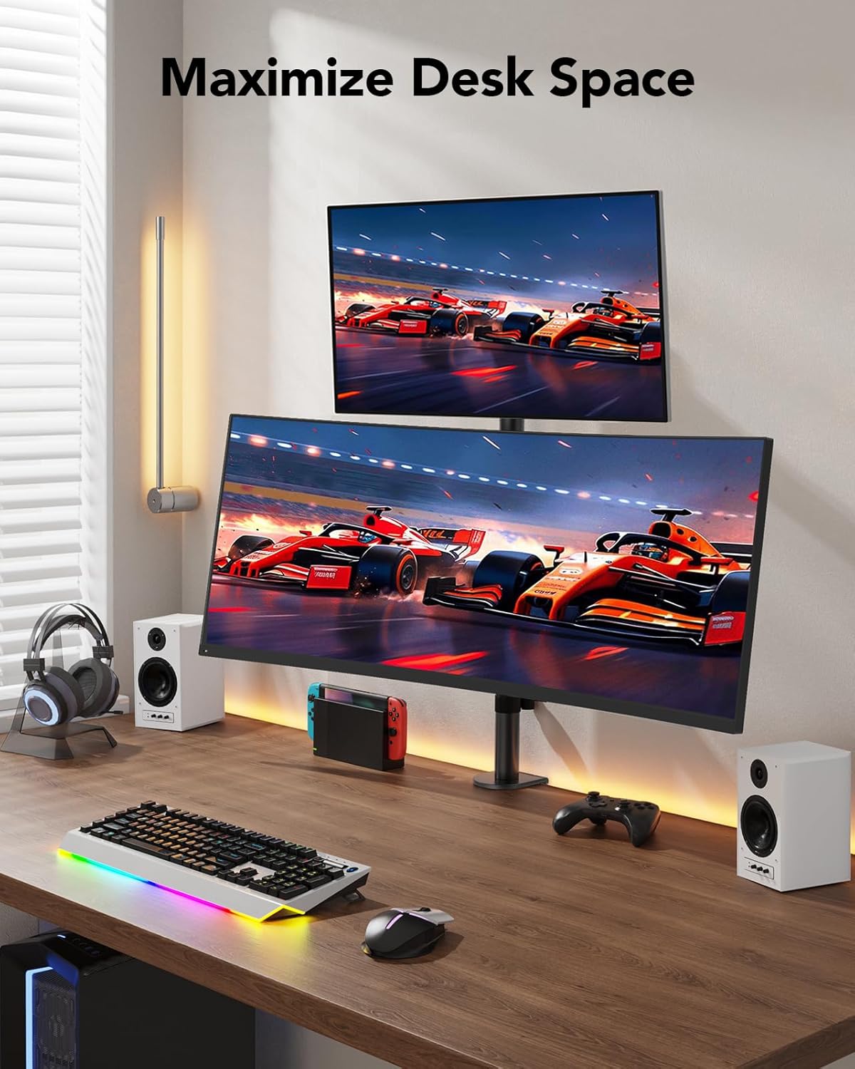 HUANUO Vertical Dual Monitor Mount, Stacked Monitor Stand for 2 Monitors with Height Adjustment Computer Monitor Arm Supports Two 17 to 32 Inch with C Clamp Each Desk Mount Hold up to 17.6lbs