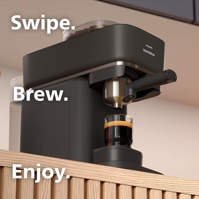 Philips Baristina Espresso Machine, Grind, Tamp & Brew Coffee Beans in One Swipe, Compact, 16 Bar Pump Pressure, Automatic Grinder, Black with Black Portafilter (BAR300/60)