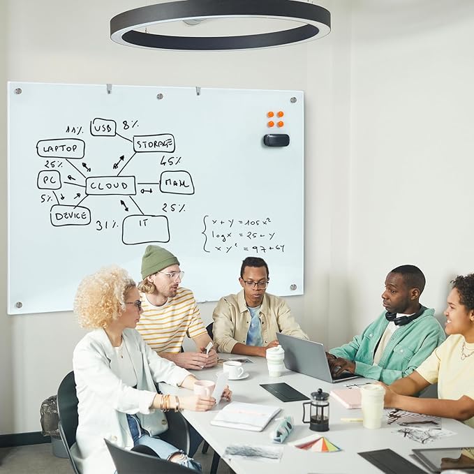 Large Glass Dry Erase Board, 72 x 48 Inches Magnetic Glass Whiteboard for Wall, 6' x 4' Frameless Board for Office, Home, School